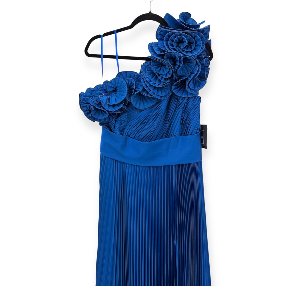 Mac Duggal Blue Pleated‎ Charmeuse One-Shoulder Ruffle Detail Evening Gown Sz 10 - Picture 4 of 11